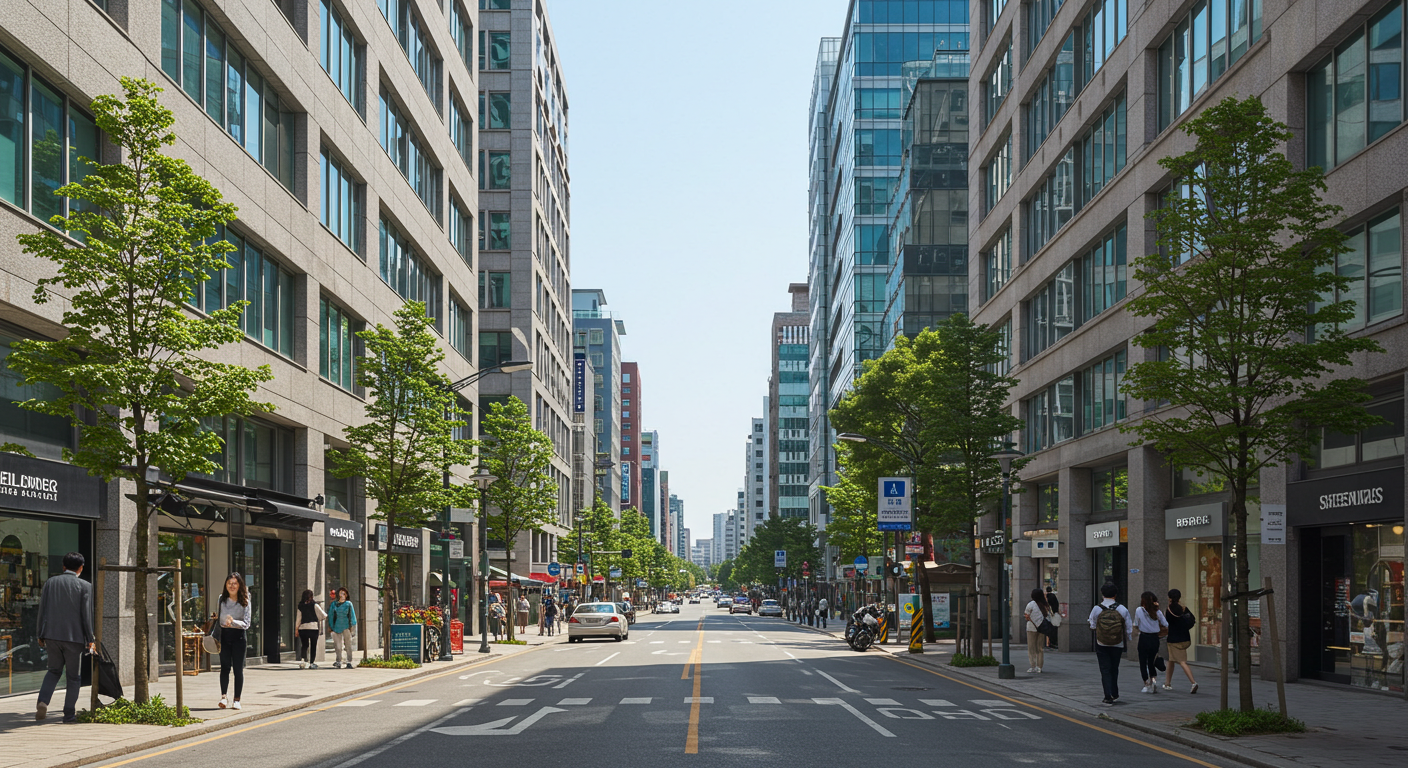 빌딩 숲 속의 활기찬 오피스 라이프