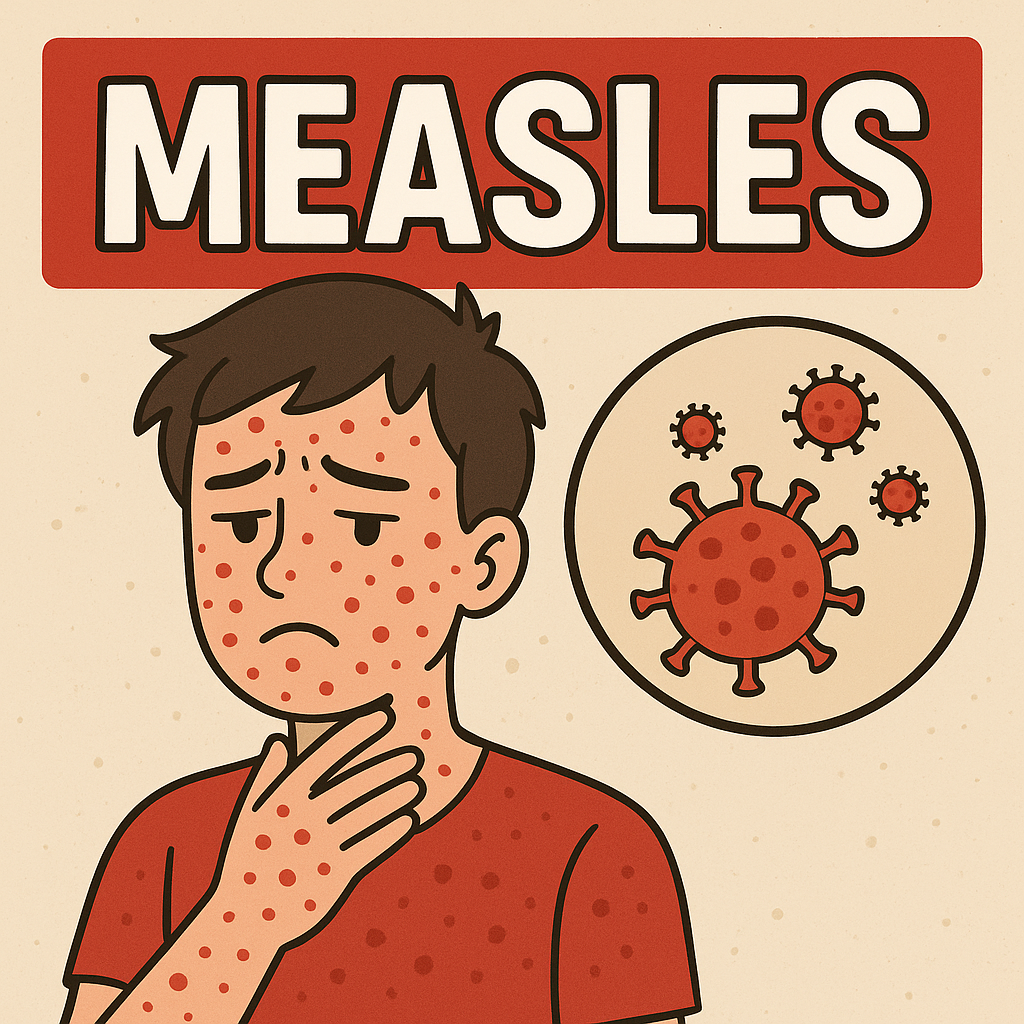 홍역 썸네일로 상단에 MEASLES(홍역)이 적혀있고 남성의 몸에 발진이 나있음 오른편에는 바이러스 모양이 그려져있음