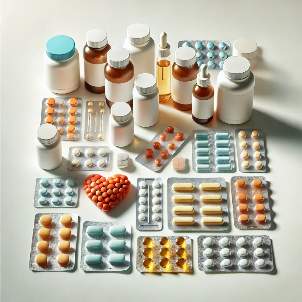 다양한 고지혈증 약제, 알약과 약포지가 깔끔하게 정돈된 이미지