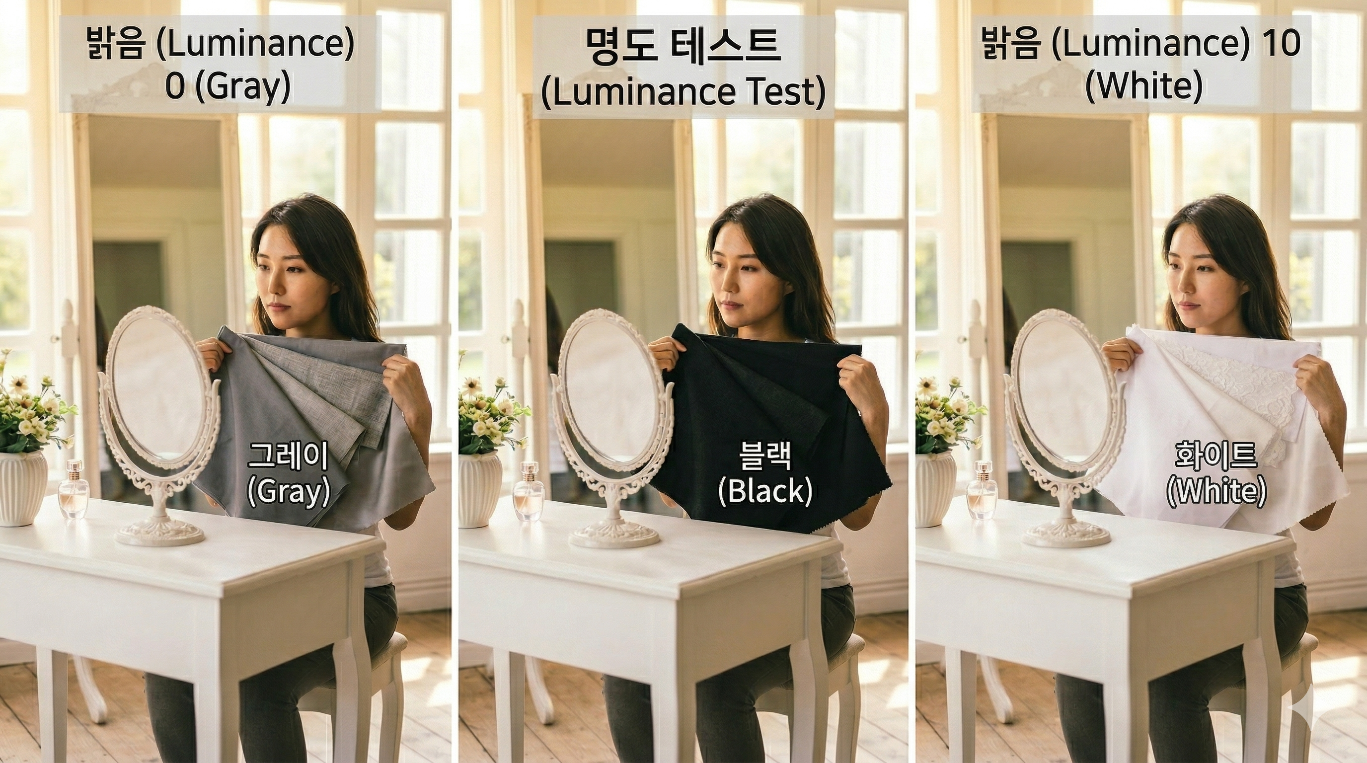 여러 가지 색상의 천을 활용하여 얼굴 톤의 변화를 관찰하는 셀프 드레이핑 테스트