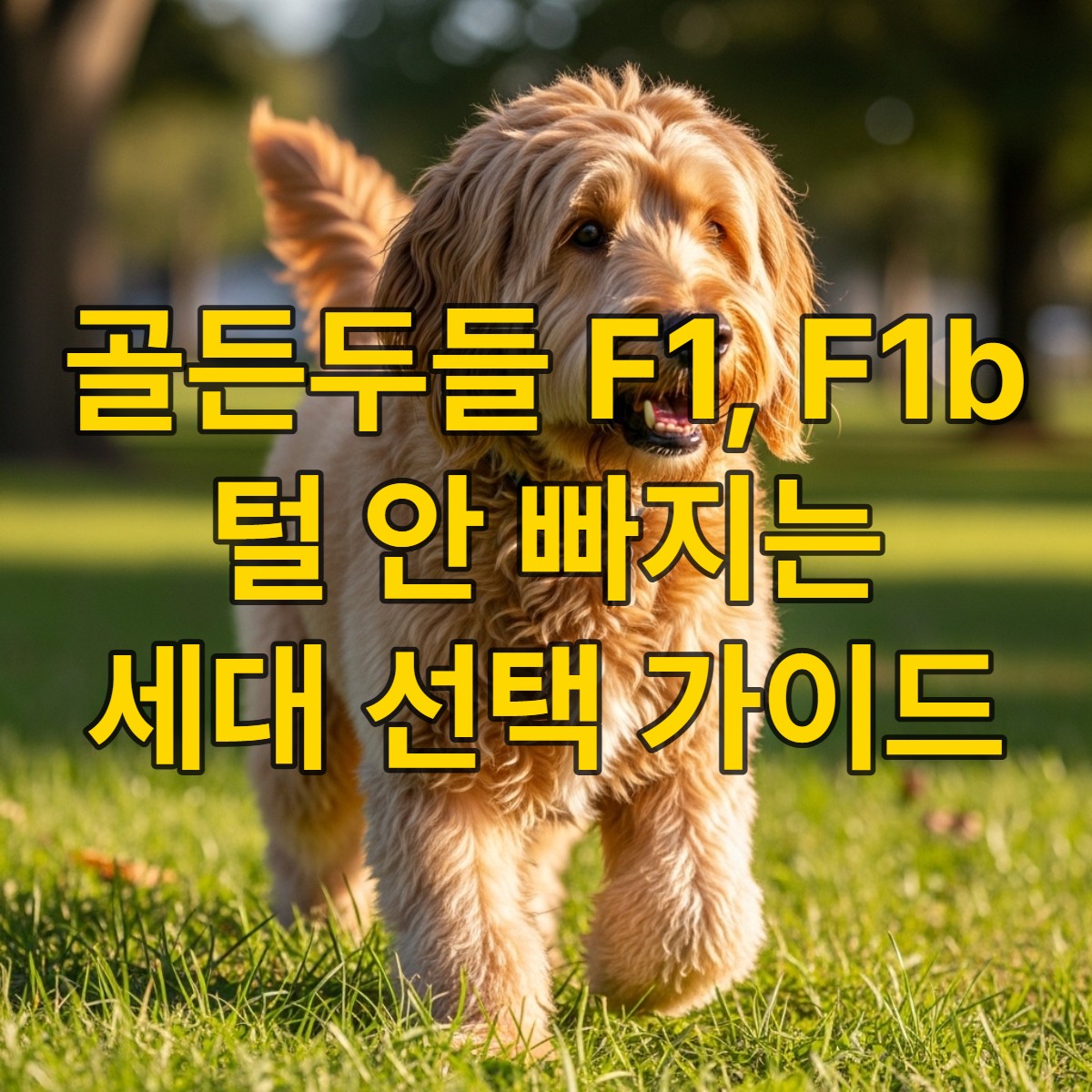 잔디밭에서 행복하게 뛰어노는 사랑스러운 골든두들. 물결치는 황금색 털과 밝은 표정이 특징.