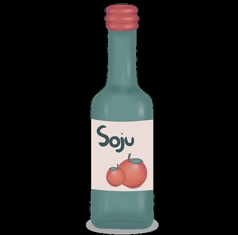 청색 소주병에 영문자로 소주라고 새겨진 그림이 있고 바탕 배경은 검정색이다.