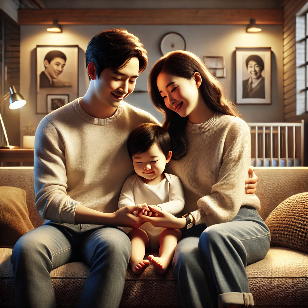 부모가 아이의 손을 잡고 따뜻한 미소로 격려하며 아늑한 거실에서 함께하는 모습이 담겨 있습니다.