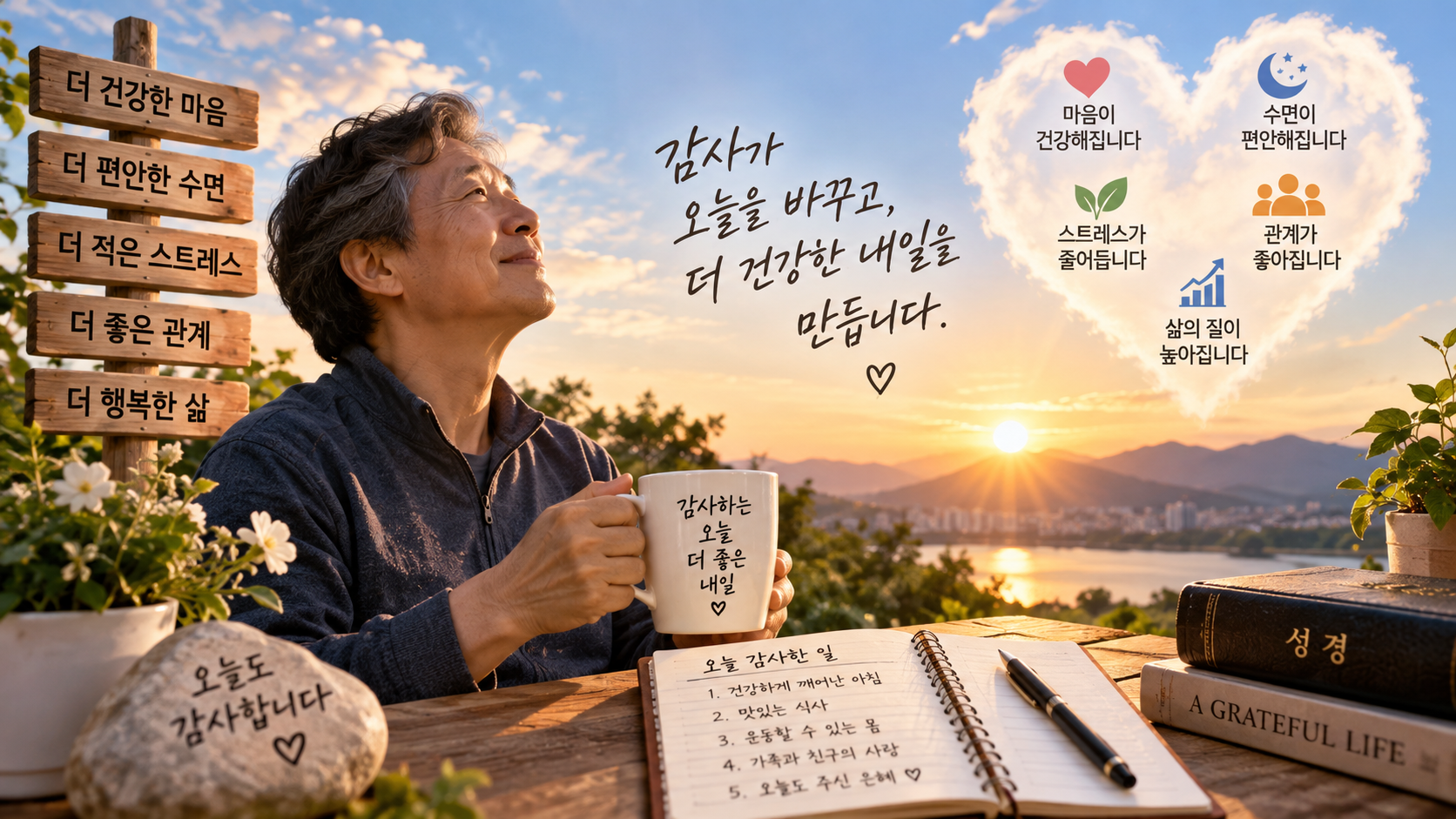 감사일기를 쓰며 건강과 가족, 일상의 작은 행복에 감사하는 중년 남성과 감사가 마음과 건강에 주는 힘을 표현한 이미지