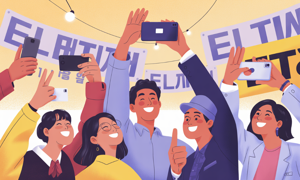 투표소 밖에서 손가락으로 브이(V)나 엄지척을 하며 즐겁게 투표인증샷을 찍는 다양한 사람들의 모습. 주변에는 선거 관련 표지판과 퍼플-옐로우 테마의 활기찬 분위기가 감돈다.
