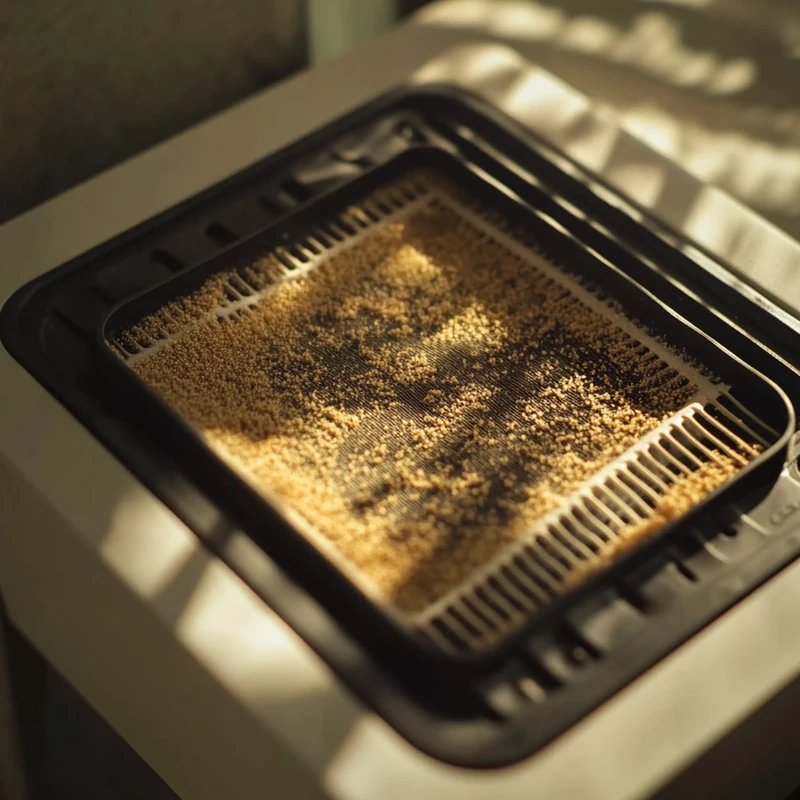 먼지가 쌓인 에어컨 필터는 주기적인 청소와 유지 관리가 필요함을 보여줍니다. 필터 청소는 실내 공기 질 향상과 에너지 절약을 도울 수 있습니다.