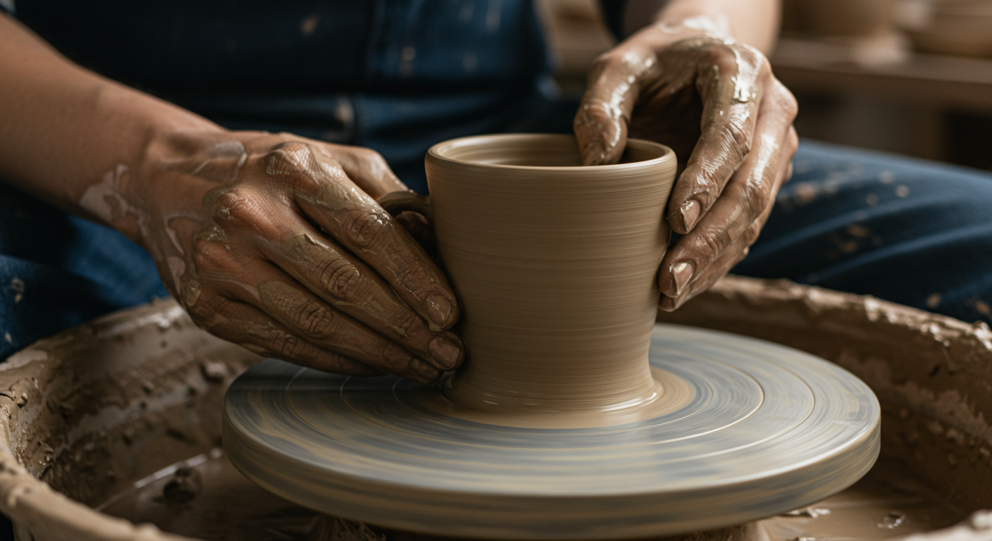 물레 위에서 컵의 형태를 잡아가는 손놀림