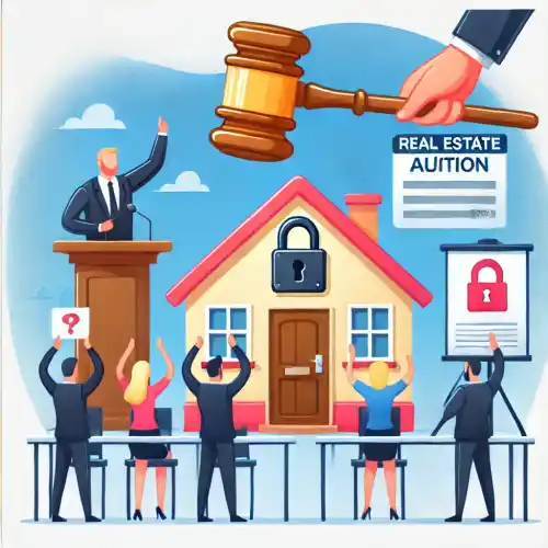 경매사가 망치를 들고 있고, 입찰자들이 손을 들고 있는 부동산 경매가 진행 중인 모습