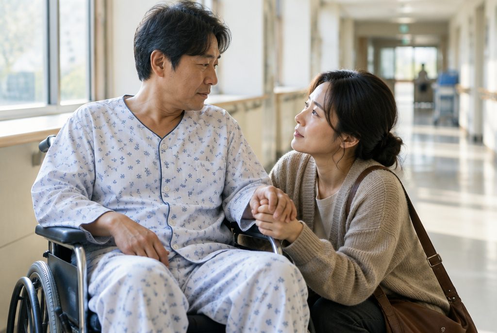 간병인 고용을 의논하는 편마비 남편과 아내