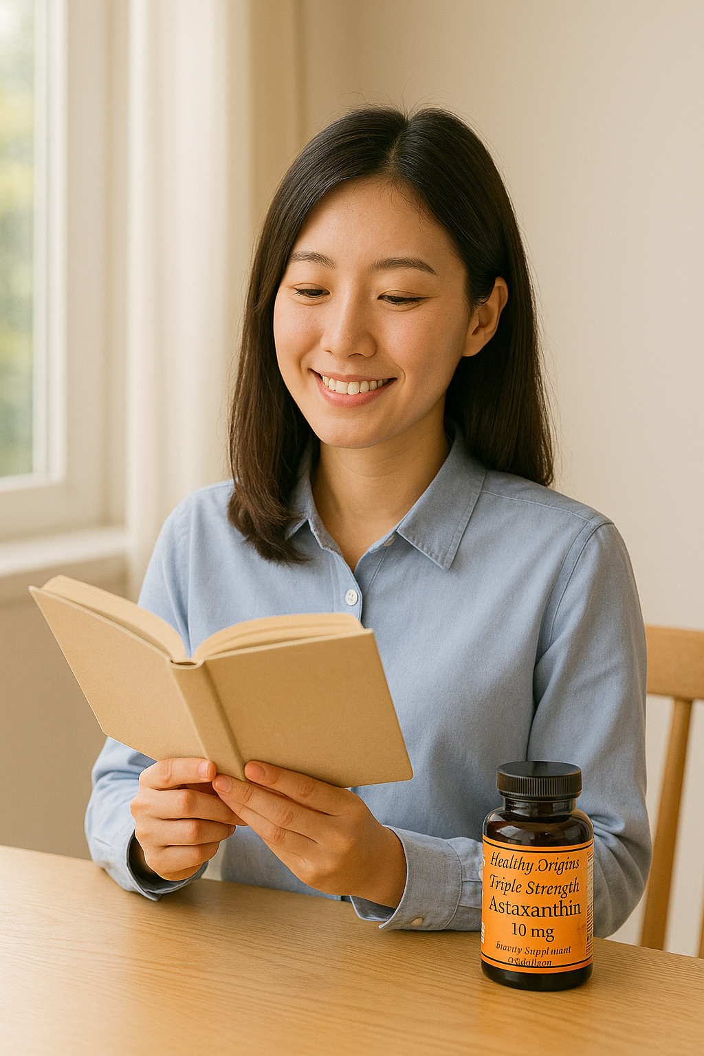 창가에서 책을 읽으며 미소 짓는 여성, 옆에는 보충제 병이 놓인 모습