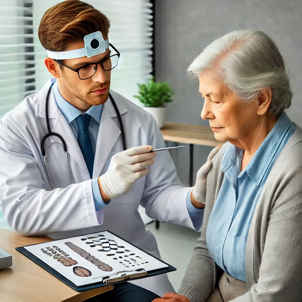 의사가 노인의 인지 건강 상태를 검사하는 모습