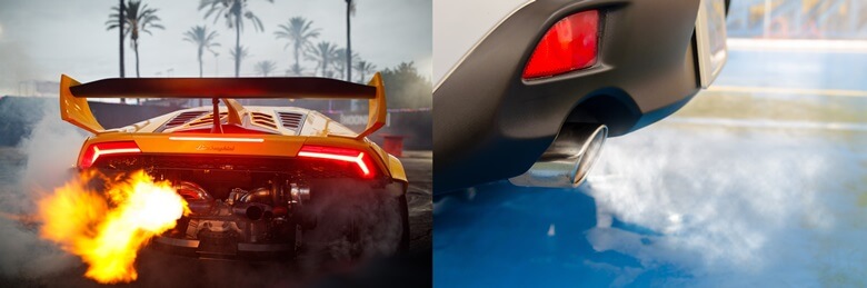 좌측은 슈퍼카 람보르기니 차량 후면 배기통을 통해서 불꽃을 내뿜고 있는 사진이며 오른쪽은 자동차 후면 배기통을 통해 배출가스(매연)가 나오는 사진