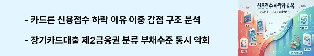 신용점수 하락 이유: '카드론 신용점수 하락 이유 이중 감점 구조 분석'이라는 문구가 포함된 웹배너 이미지. 이 이미지는 카드론 이용 시 신용거래형태와 부채수준 두 항목이 동시에 악화되는 이중 감점 구조를 시각적으로 전달하며, 블로그의 카드론 신용점수 하락 원인과 관련된 내용을 설명함