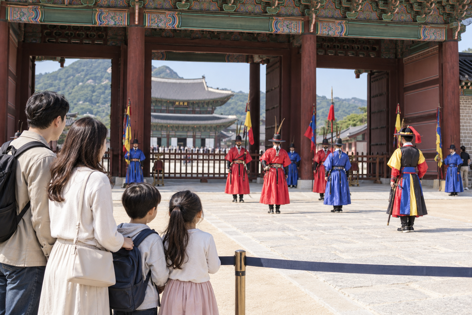 가족이 경복궁 수문장 교대의식을 관람하는 모습