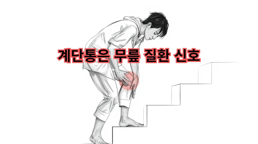 계단을 내려오며 무릎을 잡고 통증을 호소하는 사람의 일러스트, 무릎 관절 부담을 표현한 장면