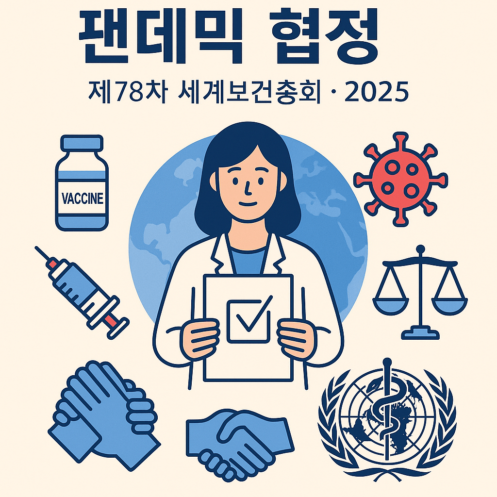 제78차 펜데믹을 상징하는 문장과 주사,약 등을 표현하는 이미지