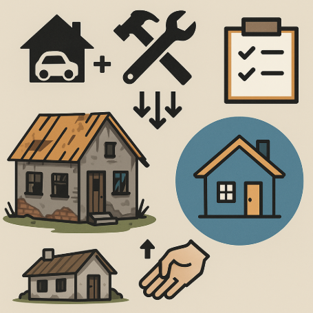 "농촌 빈집 리모델링을 표현한 일러스트, 낡은 집과 새로 단장된 현대적 집이 대비되며, 망치&middot;스패너, 체크리스트, 손 모양 아이콘이 함께 배치된 디자인"