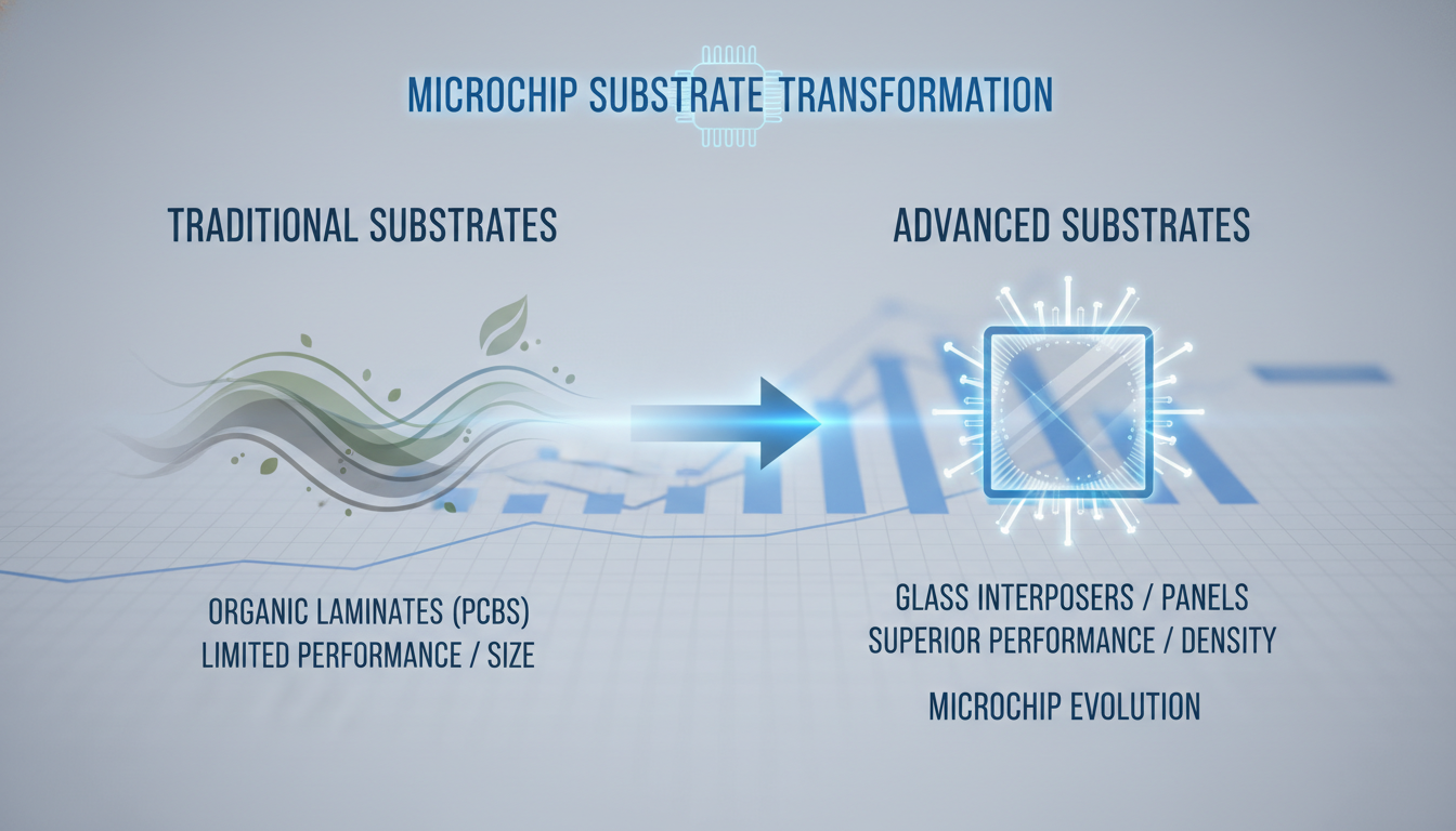 기존 유기기판에서 첨단 유리기판으로의 진화 과정을 보여주는 인포그래픽