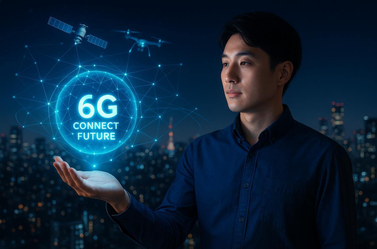 6G 시대의 초연결 미래와 스마트폰의 중심적 역할을 상징하는 장면