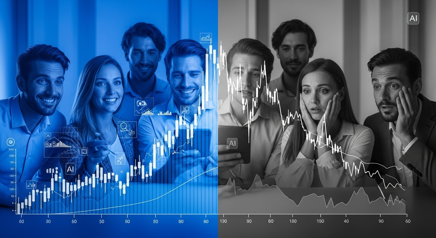 AI 투자 심리의 양면성을 보여주는 이미지. 한쪽에는 낙관적인 투자자들이, 다른 쪽에는 불안해하는 투자자들이 주식 차트를 보고 있는 모습.