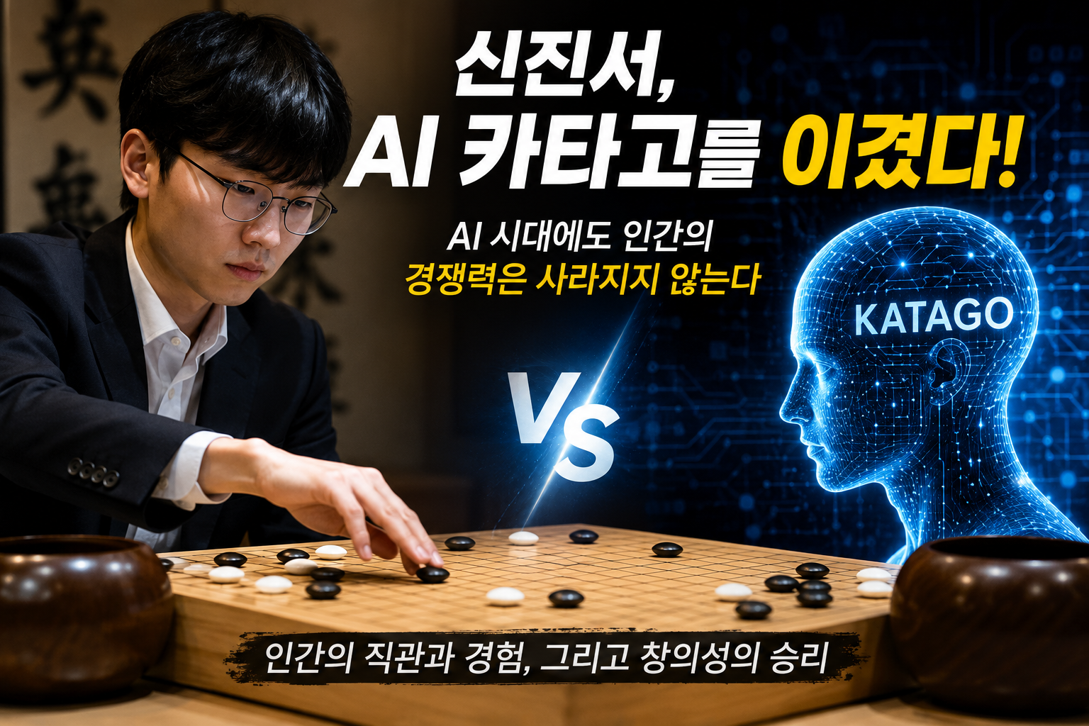 신진서 9단과 세계 최강 바둑 AI 카타고의 대결을 상징하는 이미지, AI 시대 인간의 경쟁력을 설명하는 대표 이미지