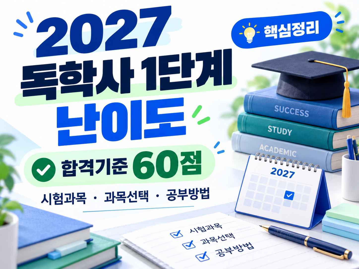 2027 독학사 1단계 난이도 총정리(합격기준 60점, 시험과목과 공부방법)