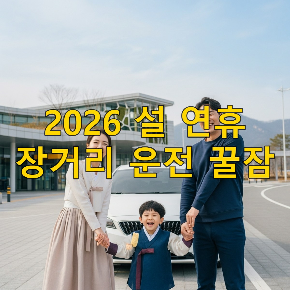 2026년 설 연휴, 덕평자연휴게소 앞에서 활짝 웃으며 상쾌하게 휴식을 취하는 한국인 가족의 모습. 아버지, 어머니, 아이 모두 편안하고 행복해 보입니다.