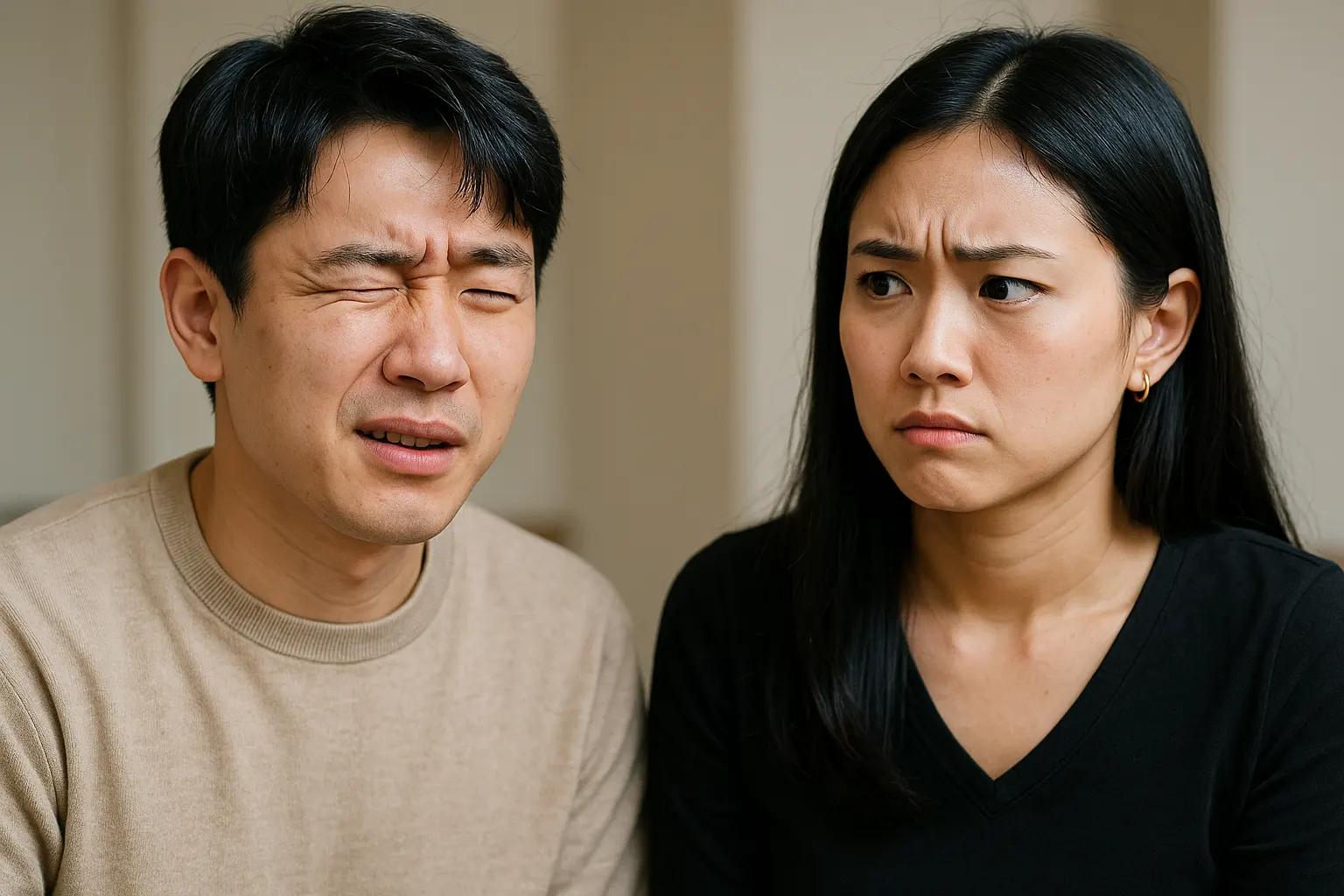 대화 중 무심코 눈을 찡그리며 깜빡이는 사람, 상대방이 오해하는 듯한 표정