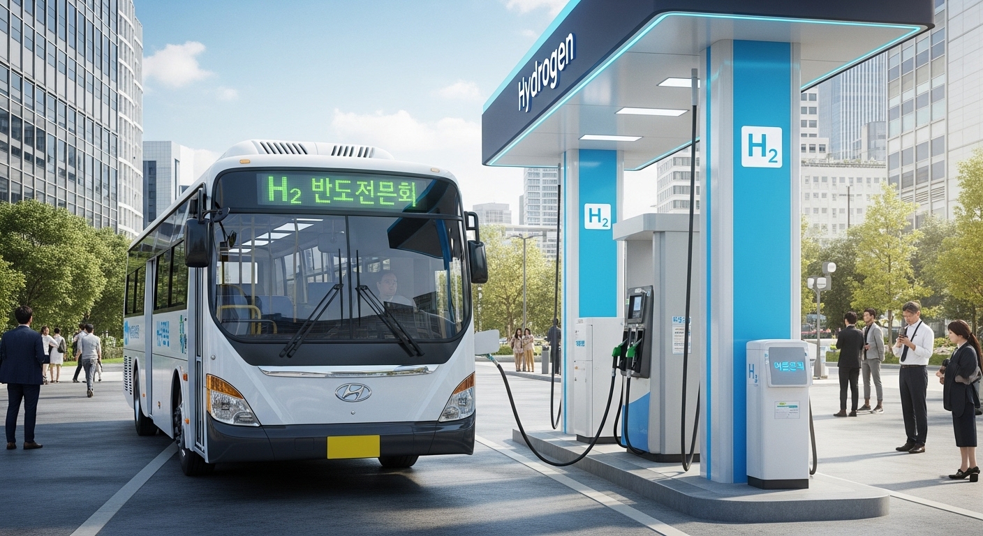 현대차 수소버스가 현대적인 수소충전소에서 충전하는 모습. 미래 친환경 에너지 인프라 구축의 중요성을 보여줍니다.
