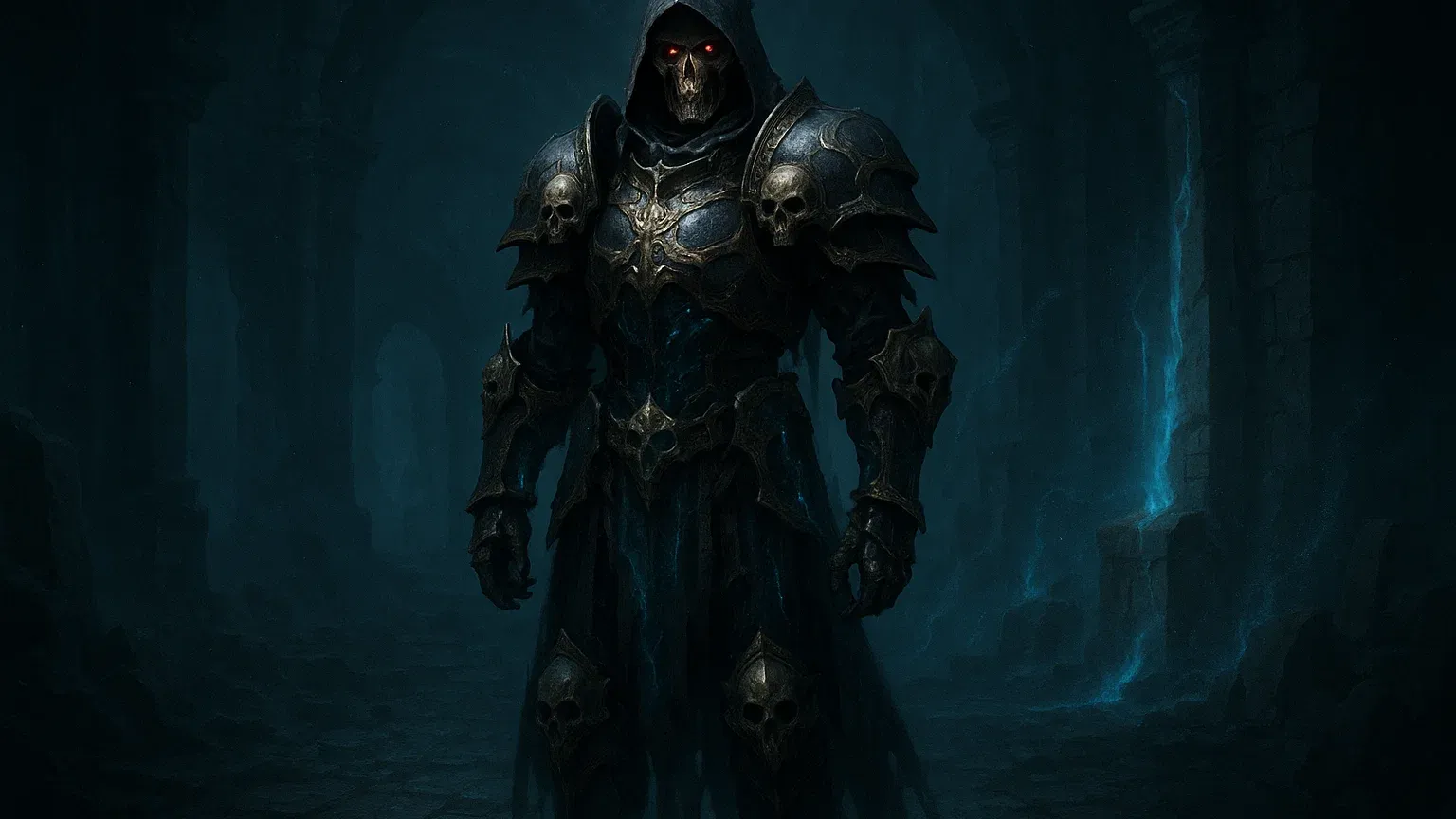 해골 갑옷을 입고 서 있는 주인공의 모습을 그린 일러스트, 어둡고 신비로운 던전 배경