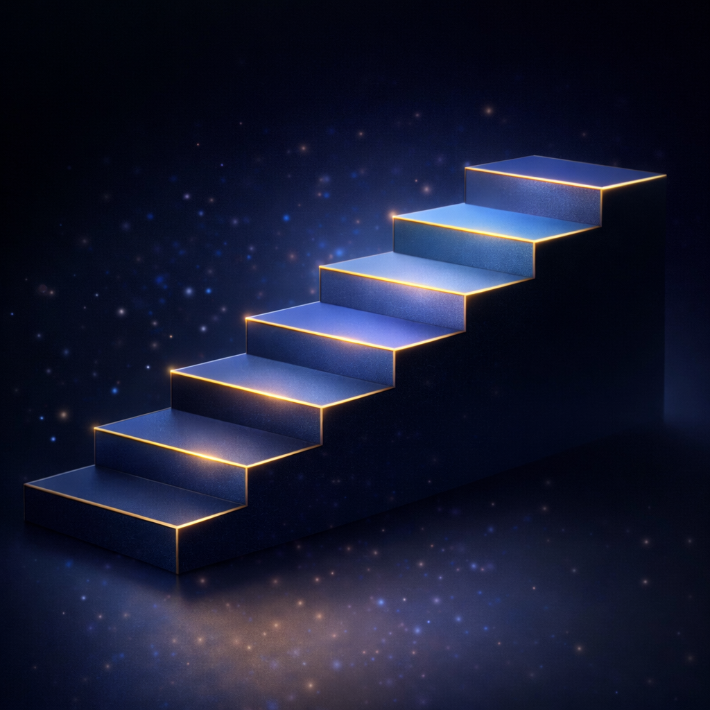 7단계로 쌓이는 질문 구조를 표현한 계단형 이미지