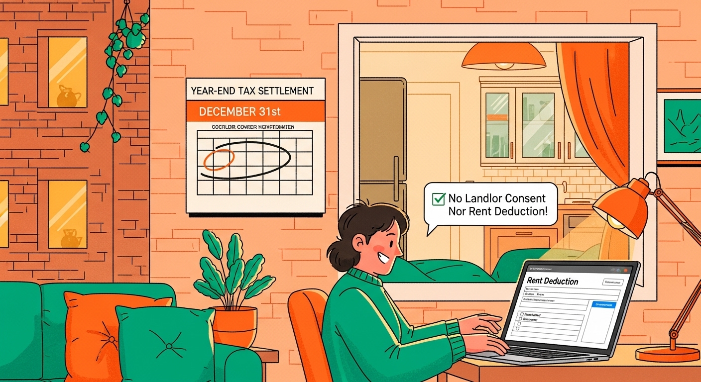 무주택자가 월세액 세액공제를 신청하는 모습. 집주인 동의 없이도 공제받을 수 있음을 나타내는 밝고 긍정적인 이미지.