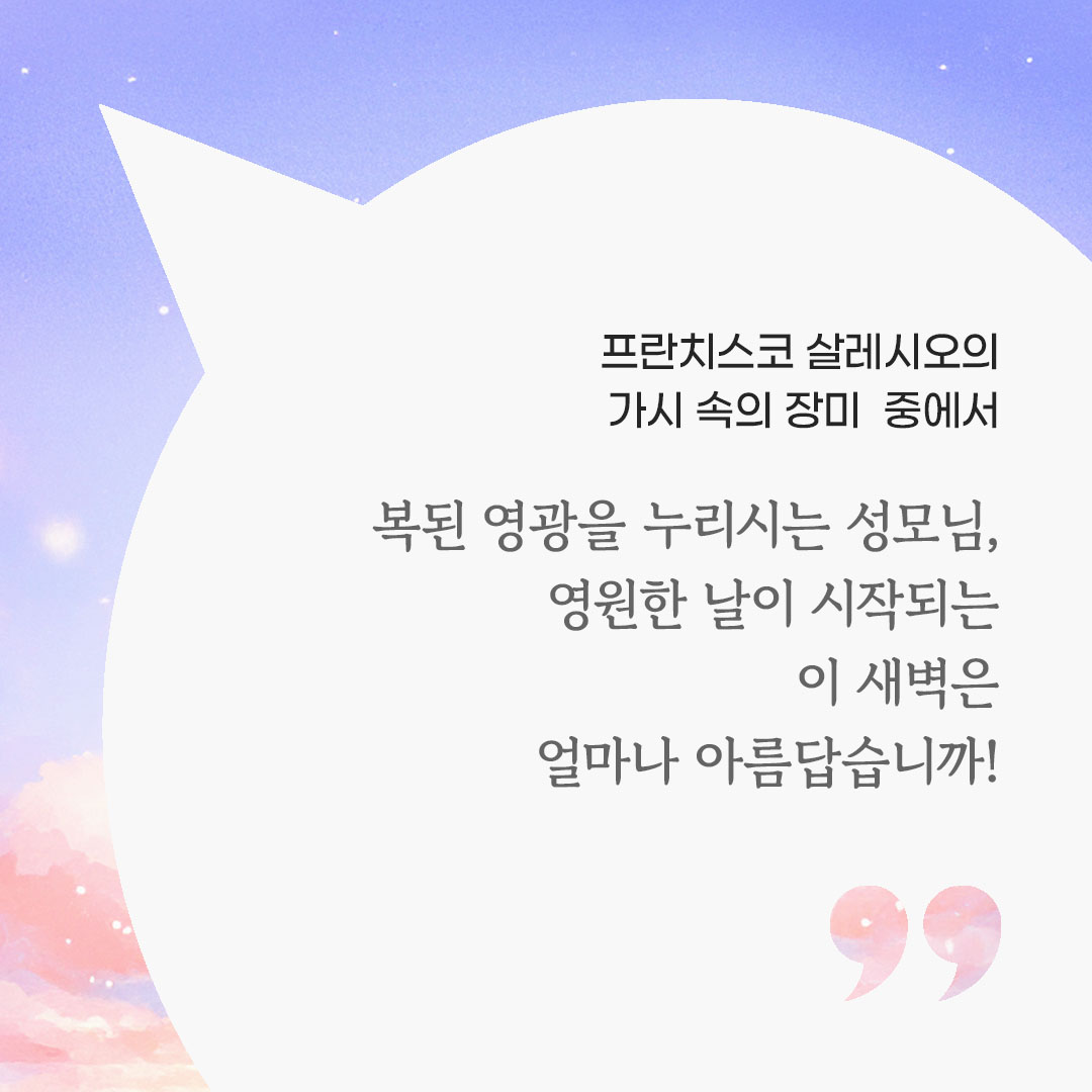 복된 영광을 누리시는 성모님, 영원한 날이 시작되는 이 새벽은 얼마나 아름답습니까! (프란치스코 살레시오의 가시 속의 장미 중에서) by 피어나네 마음을 살리는 가톨릭 명언 이미지