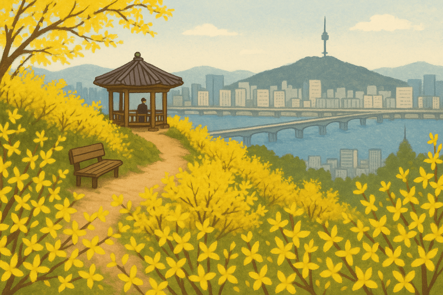 서울 응봉산 봄철 개나리 명소