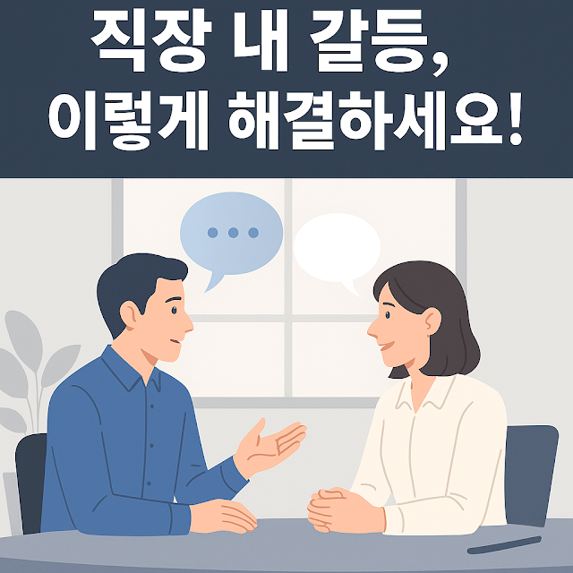 회의실 분위기에서 두 사람이 마주 앉아 대화하는 일러스트와 함께 &lsquo;직장 내 갈등, 이렇게 해결하세요!&rsquo;라는 문구