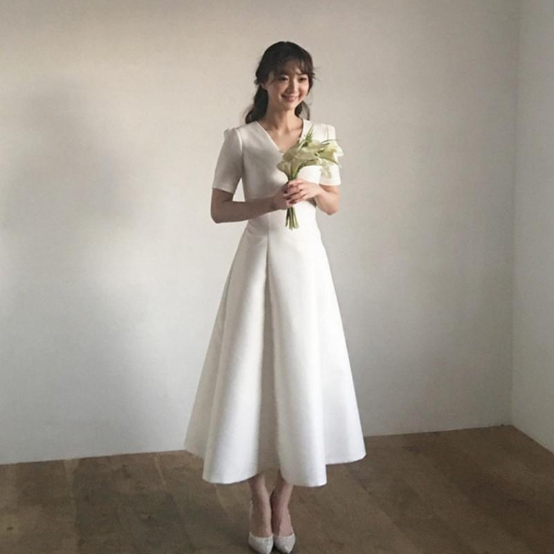 브이넥 새틴 셀프웨딩 드레스대여 돌잔치 맘원피스대여 2부 피로연 스몰웨딩 약혼 리마인드