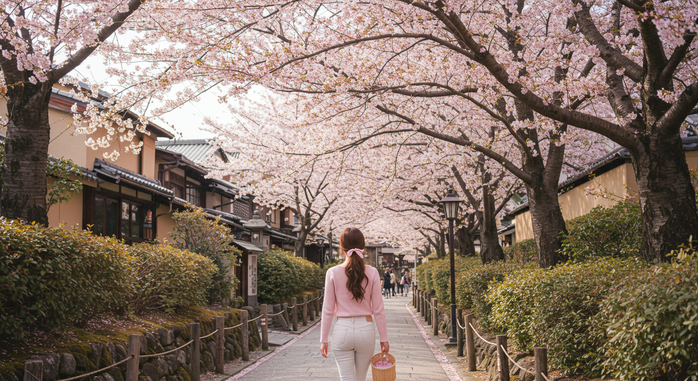 교토 철학의 길 벚꽃길을 걷는 귀여운 한국인 여성