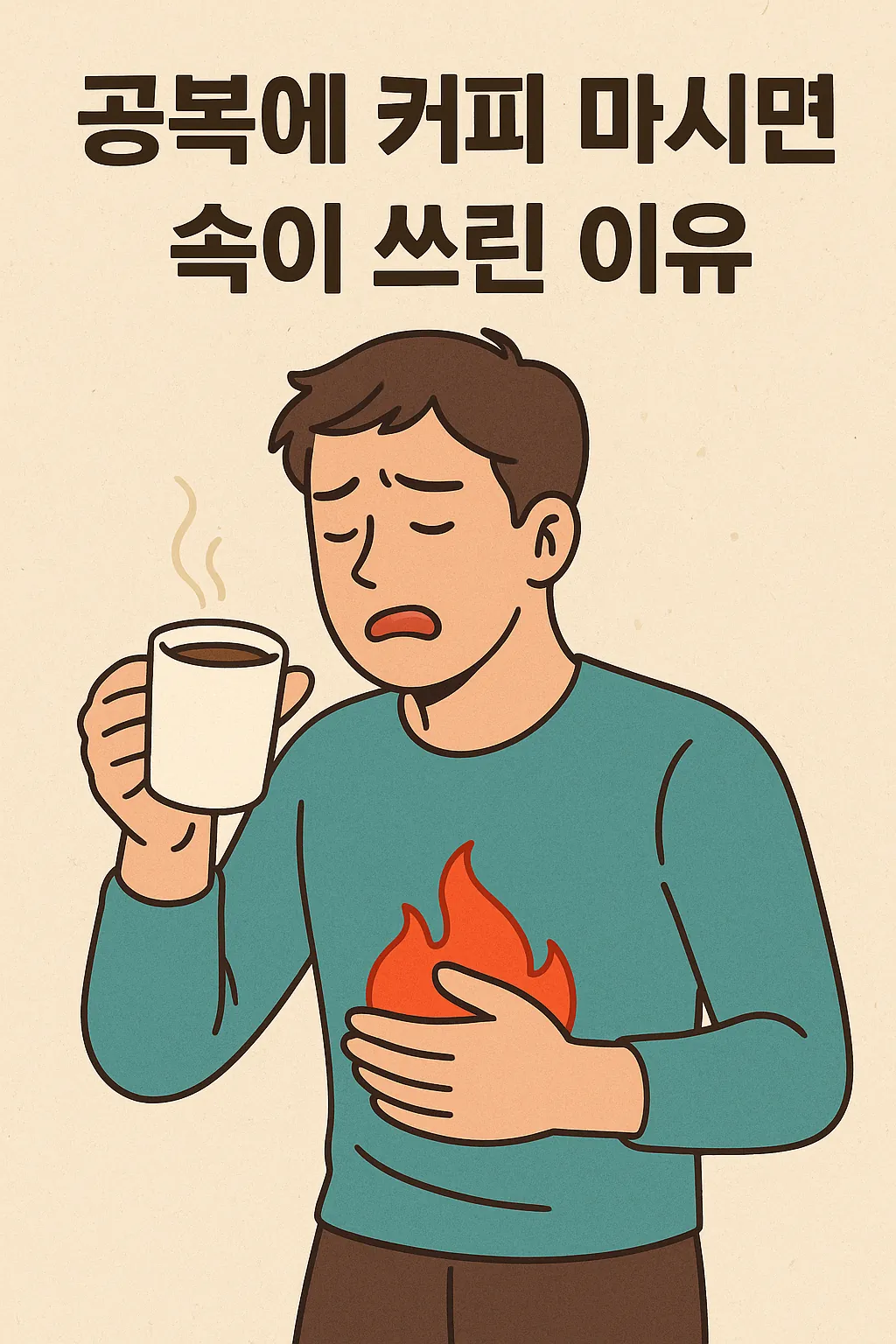 공복에-커피를-마신-후-속쓰림을-느끼는-남성이-배를-부여잡고-고통스러워하는-장면을-표현한-일러스트