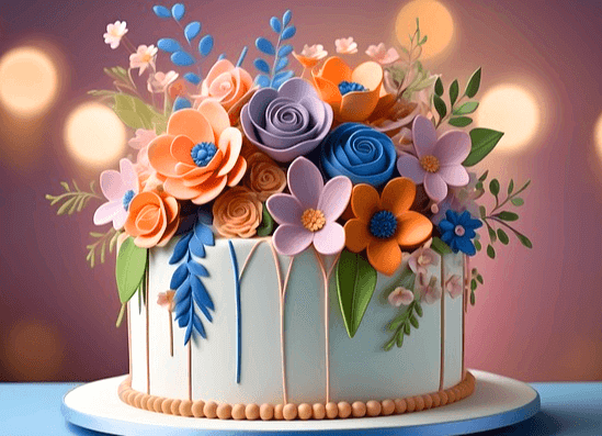 케이크가 있다. 하얀 생크림 케이크 위에 풍성한 꽃들이 장식됐다. 주황색, 보라색, 파란색 꽃들이다.