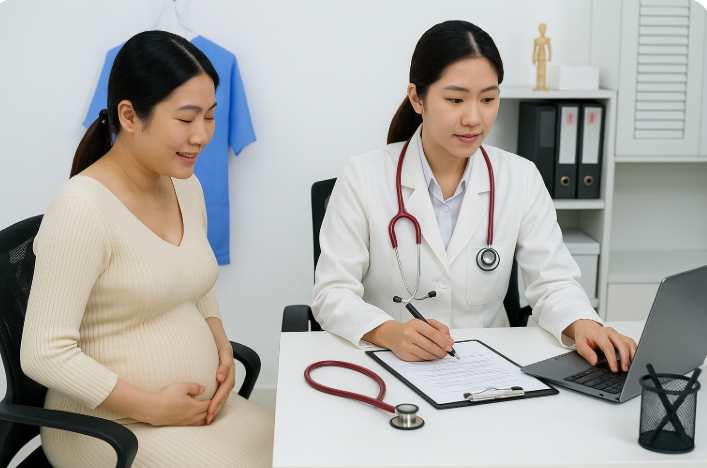 임산부가 산부인과 의사와 상담하며 진료 기록을 확인하는 모습