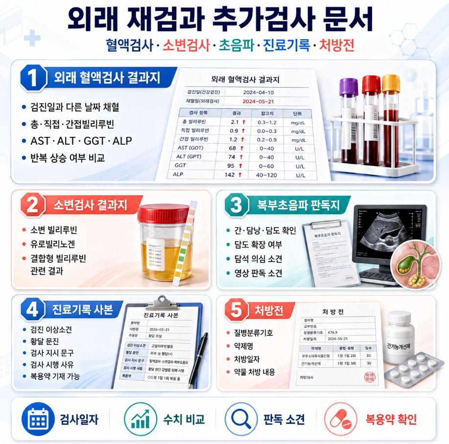 외래 혈액검사 결과지, 소변검사 결과지, 복부초음파 판독지, 진료기록 사본, 처방전을 한눈에 정리한 메디컬 인포그래픽