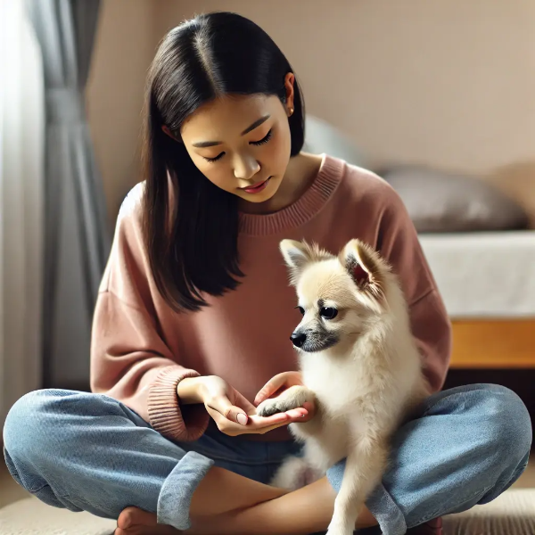 작은 강아지 발바닥을 살펴보는 동양인 여성