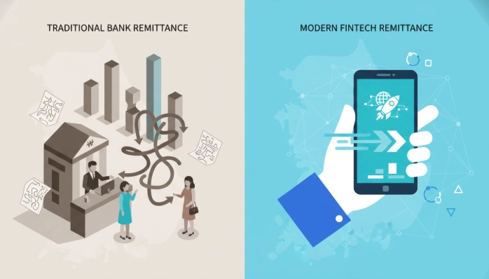 은행 송금(왼쪽)과 핀테크 송금(오른쪽)의 특징을 비교하는 인포그래픽 이미지. 느리고 비싼 은행 송금과 빠르고 저렴한 핀테크 송금의 차이를 시각적으로 보여줌.