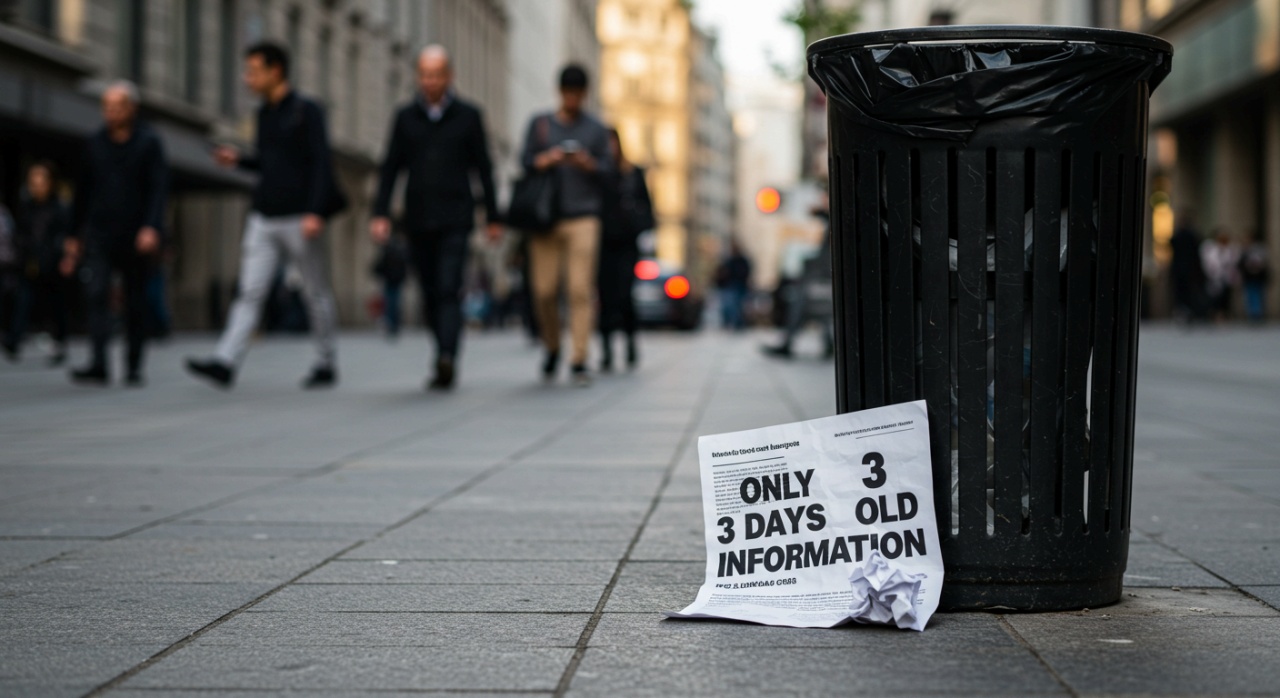 사람들이 무시한 채 지나치는 '단 3일 전 정보' 문서가 쓰레기통 옆에 버려져 있는 모습