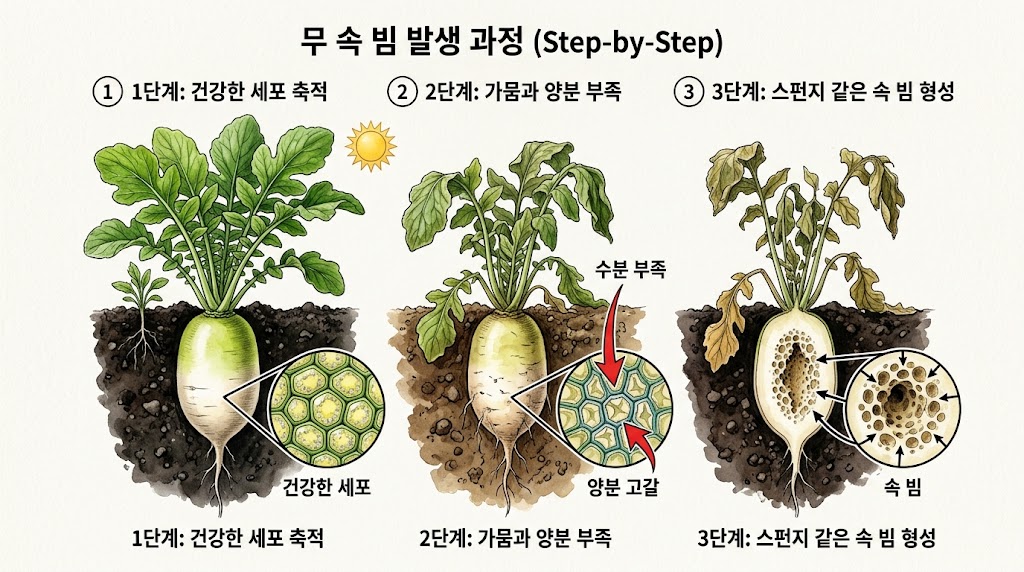 무 내부 세포가 수분 부족과 수확 지연으로 인해 스펀지화되는 단계를 설명하는 교육용 인포그래픽