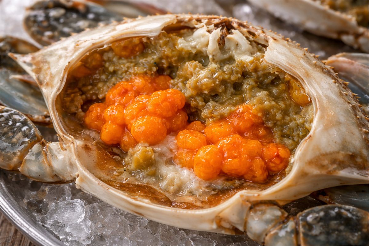 봄 암꽃게의 알과 내장이 차 있는 상태를 자세히 보여주는 장면 