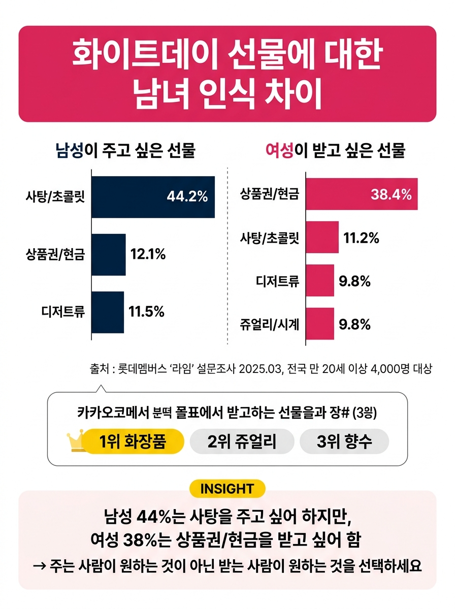 화이트데이 남녀 선물 인식 차이 비교 차트: 롯데멤버스 4,000명 설문 기준 남성은 사탕·초콜릿 44.2% 선호, 여성은 상품권·현금 38.4% 선호. 카카오커머스 투표에서는 화장품 1위, 주얼리 2위, 향수 3위. 성별 간 선물 기대 격차를 시각화한 인포그래픽