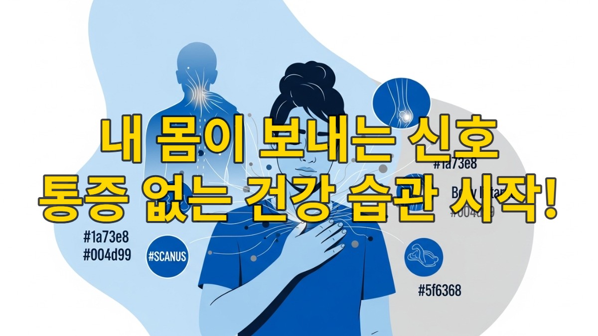 몸의 언어를 경청하며 건강 신호를 이해하는 사람의 모습. 목, 허리 등에서 푸른빛 신호가 발산되는 모습.