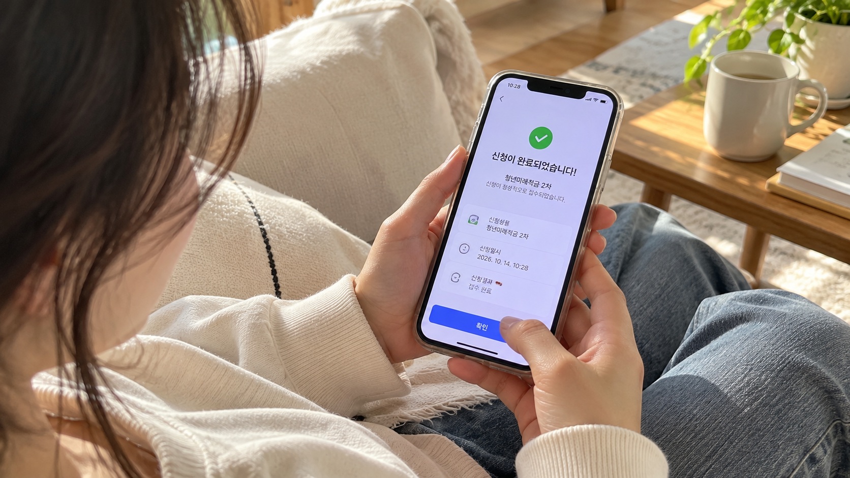 소파에 앉은 청년이 스마트폰으로 청년미래적금 은행 앱 신청 완료 화면을 확인하는 모습 복사