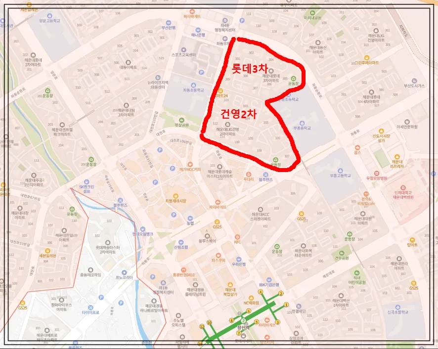 네이버지도-부산-좌동에서-건영2차와-롯데3차를-빨간색-테두리로-묶은-모습